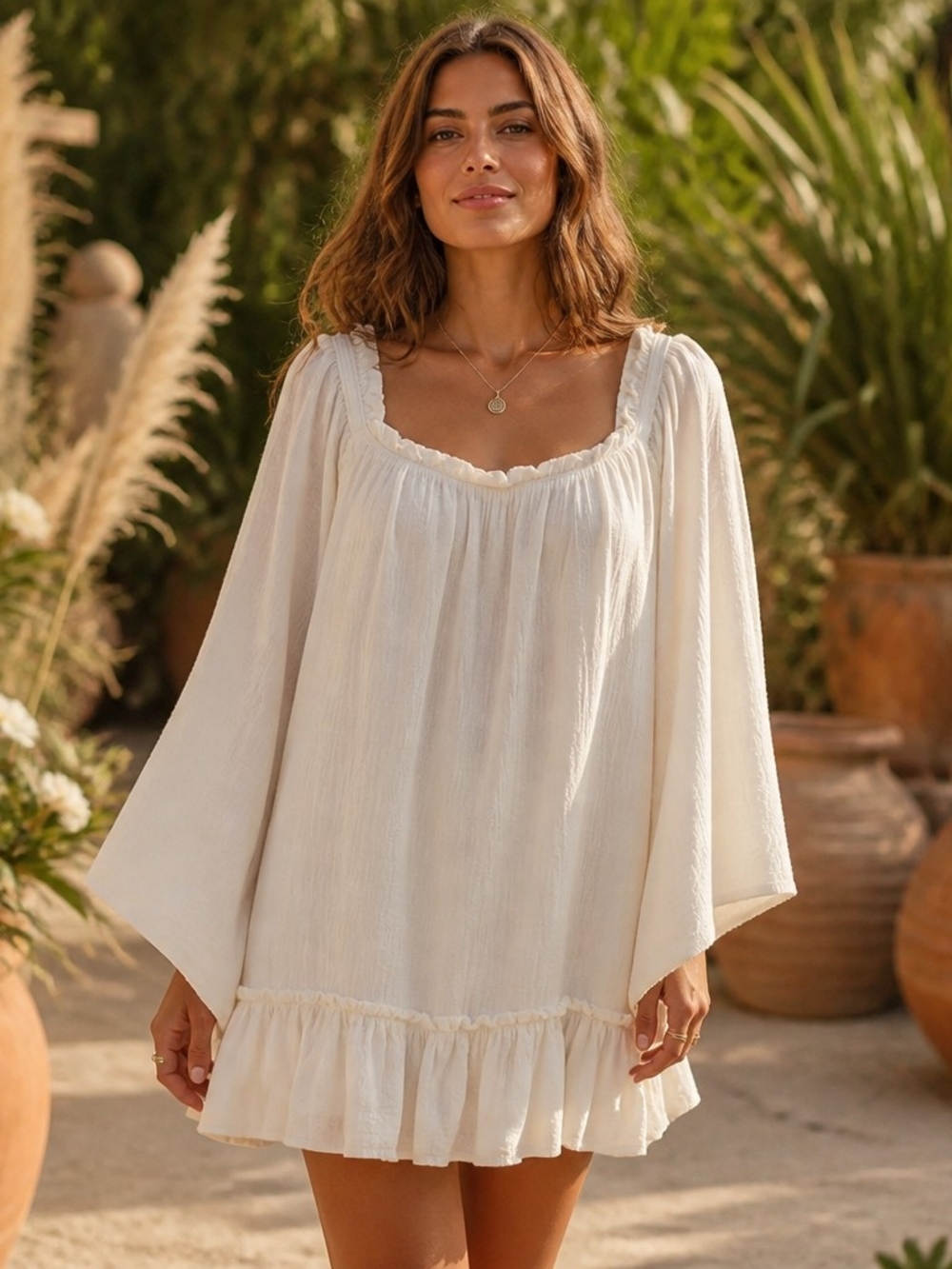 By Together Cream Ruffle-Hem Mini Dress
